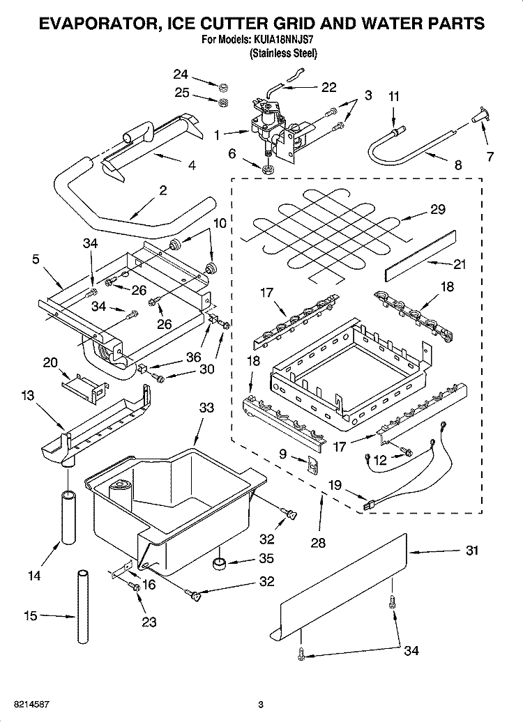 EVAPORATOR, ICE CUTTER GRID AND WATER PARTS Diagram and Parts List for KUIA18NNJS7  KitchenAid Ice Maker