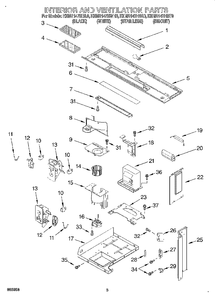 INTERIOR AND VENTILATION Diagram and Parts List for KHMS147HBL0  KitchenAid Microwave