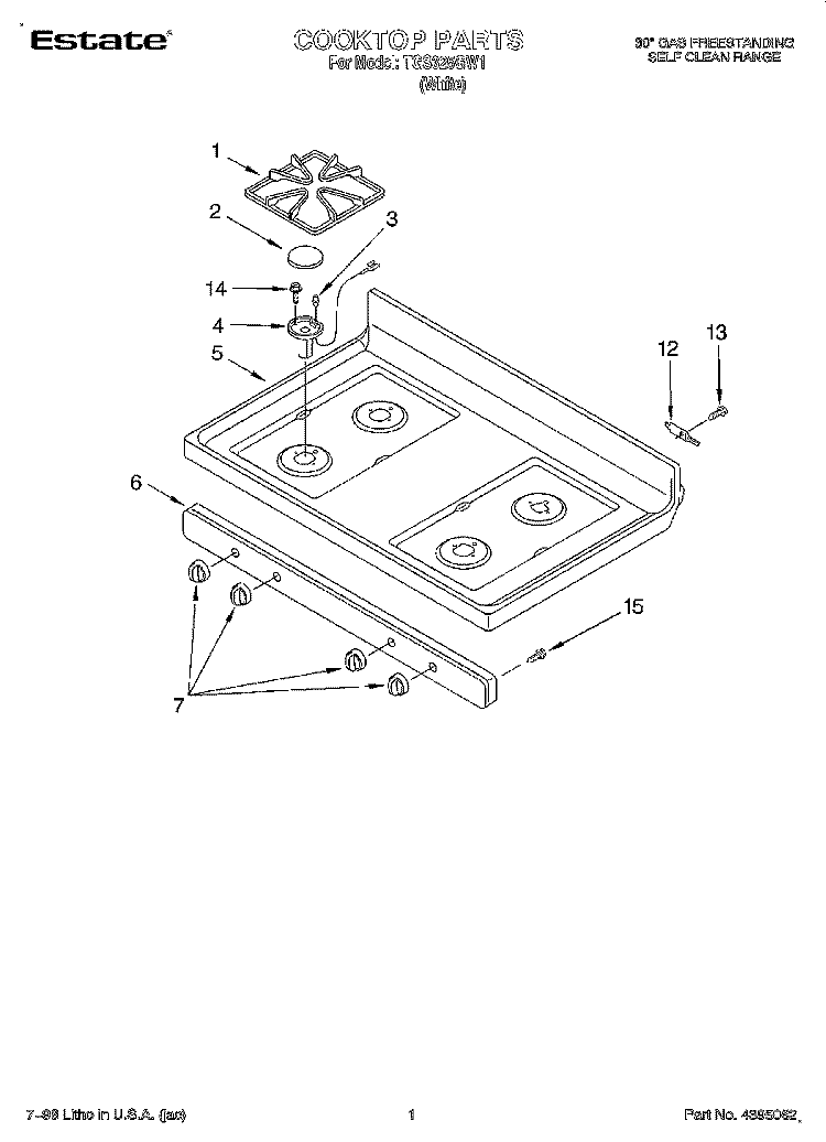 COOKTOP Diagram and Parts List for TGS325GW1  Estate Range
