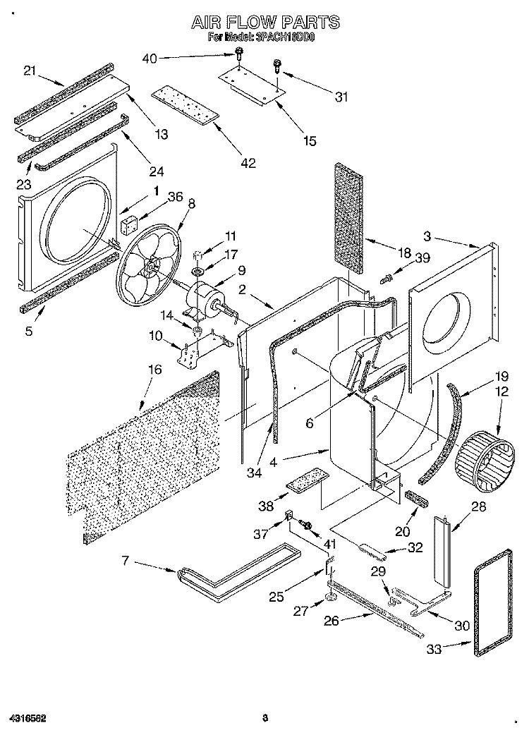 AIR FLOW Diagram and Parts List for 3PACH16DD0  Whirlpool Air Conditioner