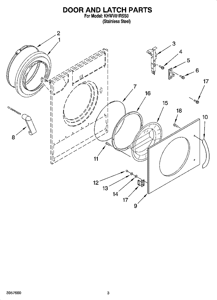 DOOR AND LATCH PARTS Diagram and Parts List for KHWV01RSS0  KitchenAid Washer