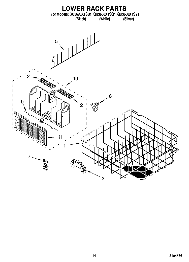 LOWER RACK PARTS, OPTIONAL PARTS (NOT INCLUDED) Diagram and Parts List for GU3600XTSY1  Whirlpool Dishwasher