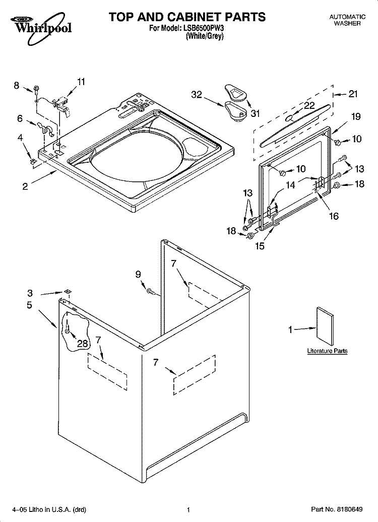TOP AND CABINET PARTS Diagram and Parts List for LSB6500PW3  Whirlpool Washer