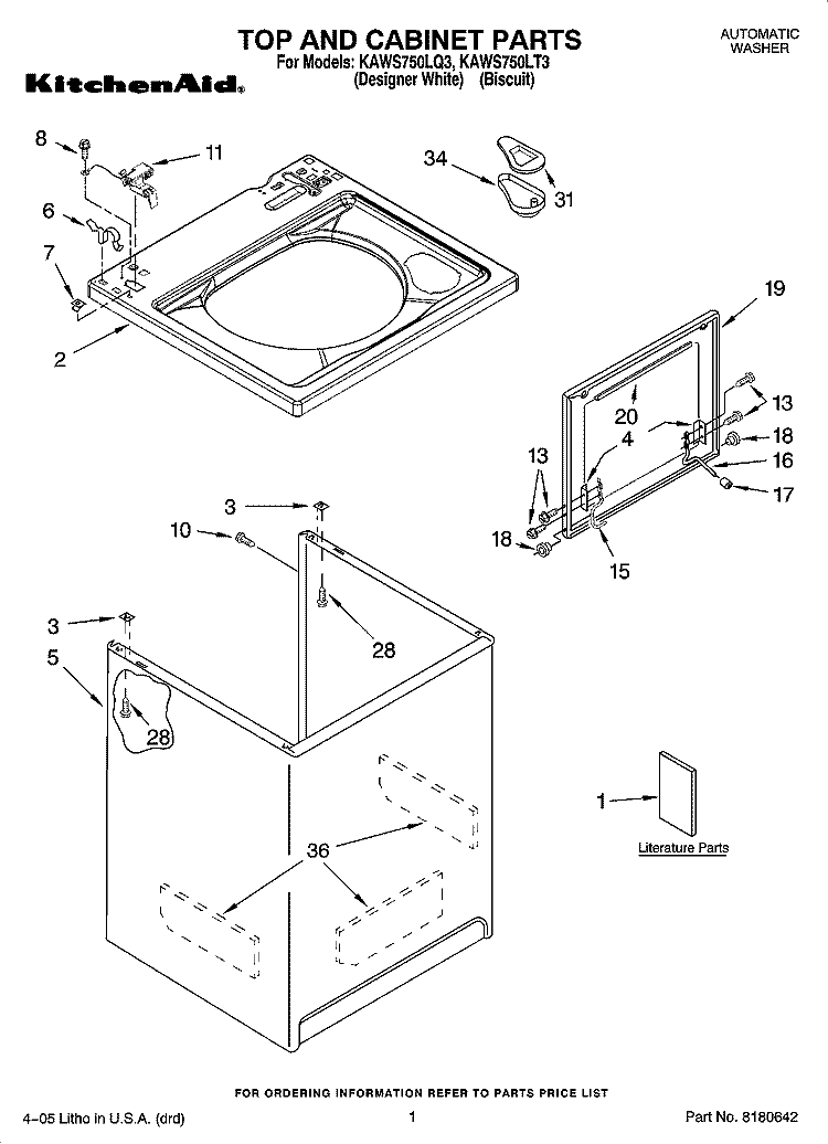 TOP AND CABINET PARTS Diagram and Parts List for KAWS750LT3  KitchenAid Washer
