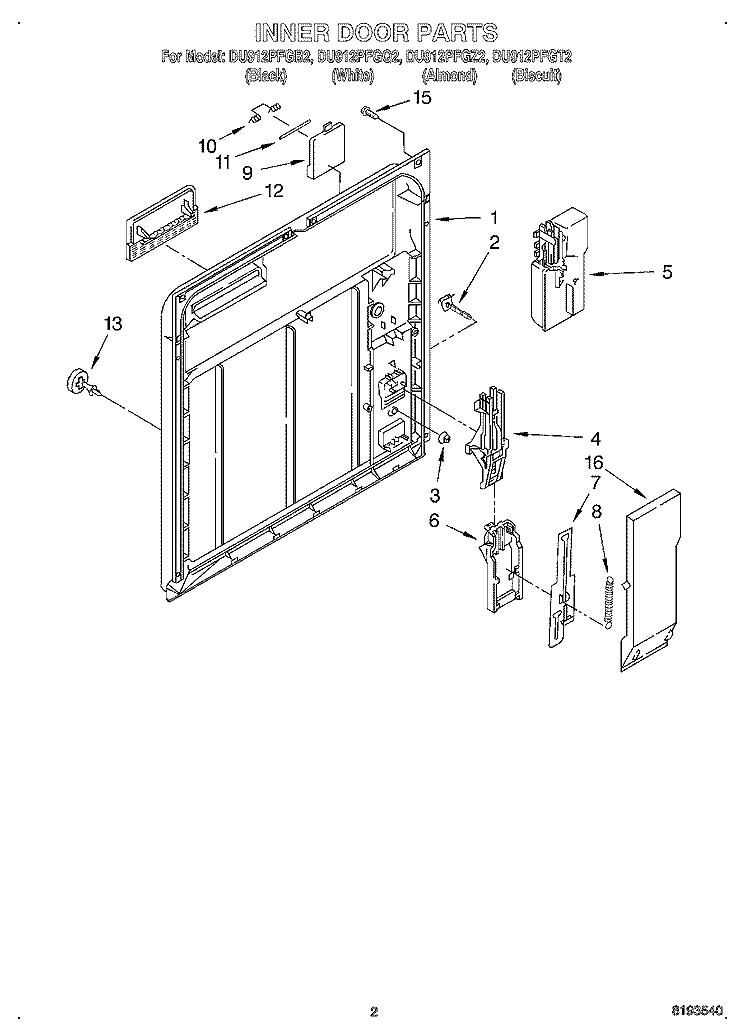 INNER DOOR Diagram and Parts List for DU912PFGT2  Whirlpool Dishwasher