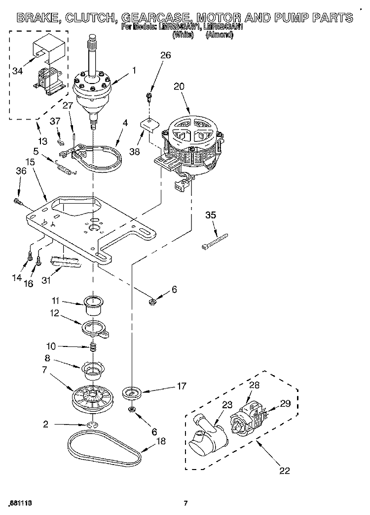 BRAKE, CLUTCH, GEARCASE, MOTOR & PUMP Diagram and Parts List for LMR5243AN1  Whirlpool Washer