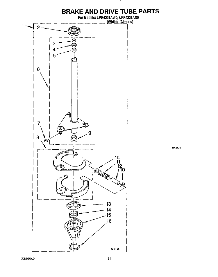 BRAKE AND DRIVE TUBE Diagram and Parts List for LPR4231AW0  Whirlpool Washer