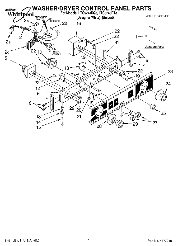 WASHER/DRYER CONTROL PANEL, LITERAT Diagram and Parts List for LTG5243DT3  Whirlpool Washer Dryer Combo