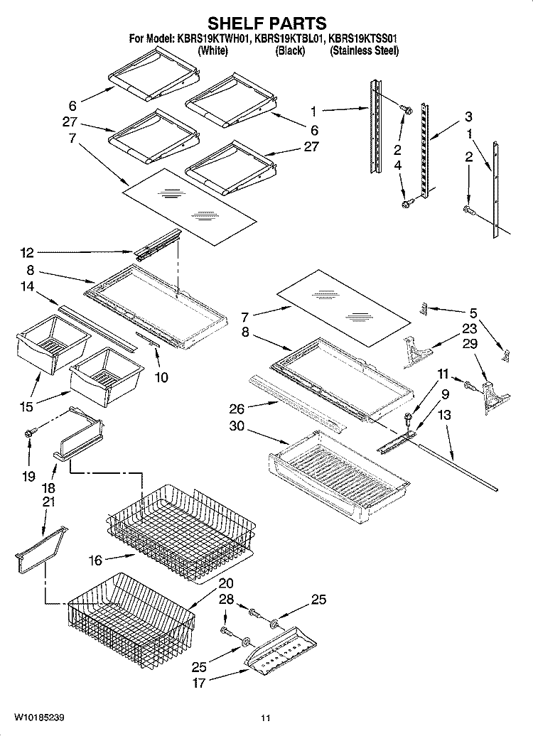SHELF PARTS Diagram and Parts List for KBRS19KTSS01  KitchenAid Refrigerator