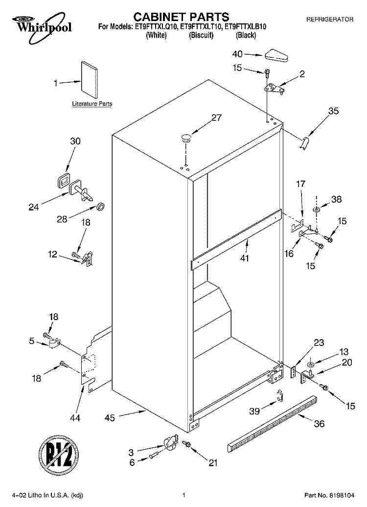 CABINET, LITERATURE Diagram and Parts List for ET9FTTXLQ10  Whirlpool Refrigerator