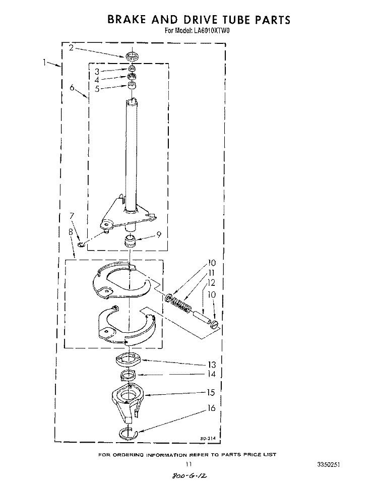 BRAKE AND DRIVE TUBE Diagram and Parts List for LA6010XTM0  Whirlpool Washer