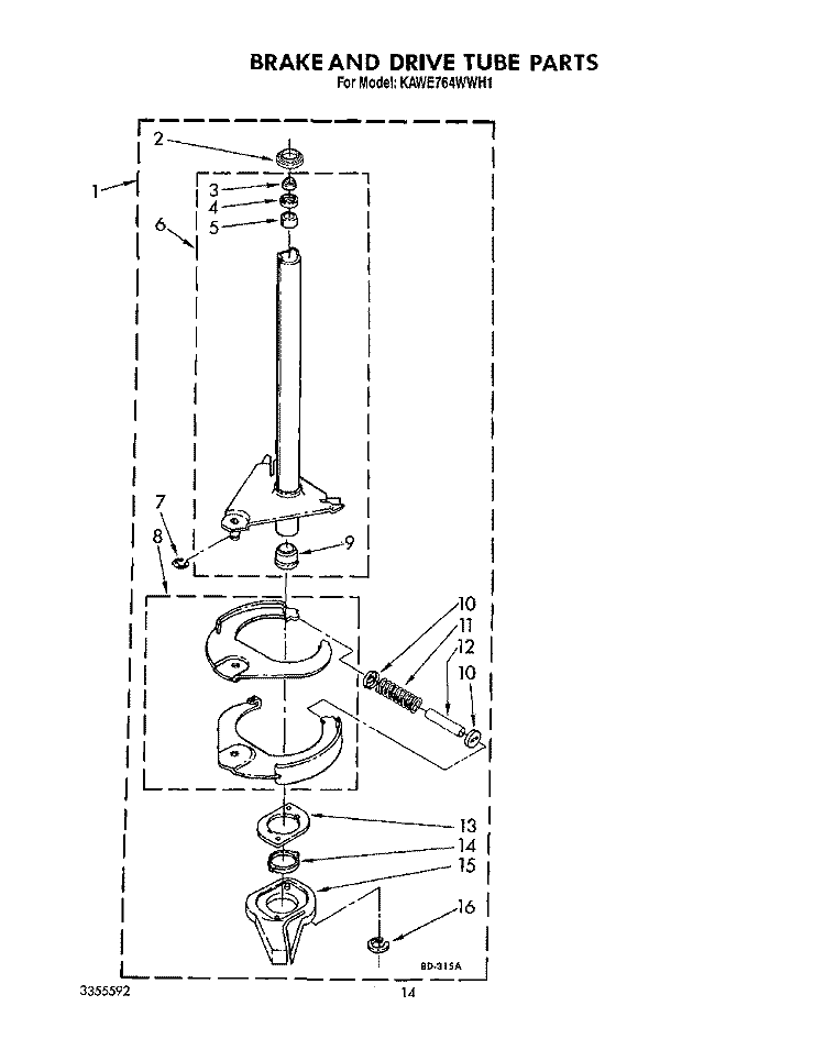 BRAKE AND DRIVE TUBE Diagram and Parts List for KAWE764WWH1  KitchenAid Washer