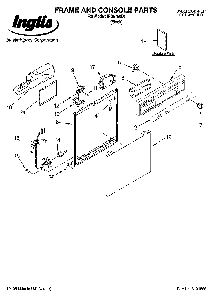 FRAME AND CONSOLE PARTS Diagram and Parts List for IRD6750D1  Inglis Dishwasher