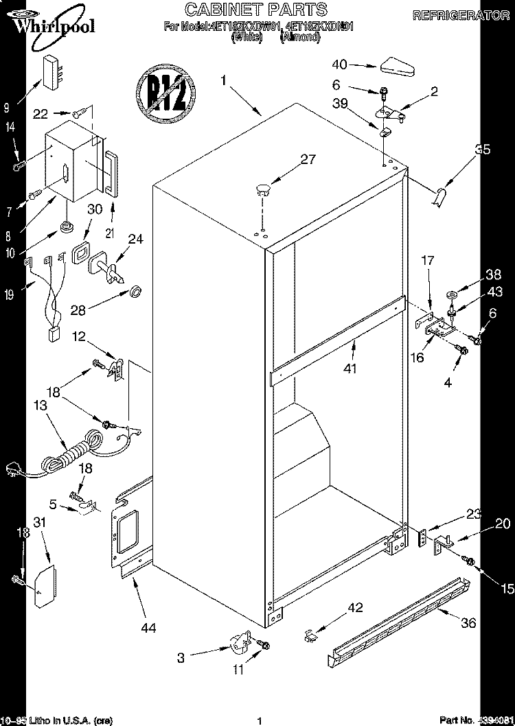 CABINET Diagram and Parts List for 4ET18ZKXDW01  Whirlpool Refrigerator