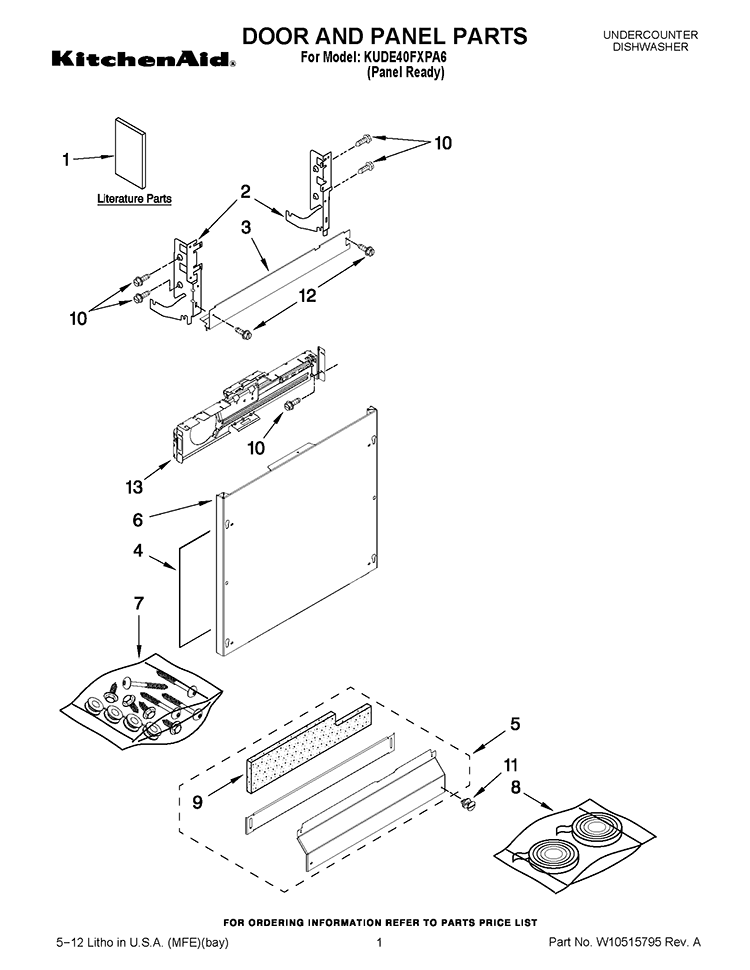 DOOR AND PANEL PARTS Diagram and Parts List for KUDE40FXPA6  KitchenAid Dishwasher