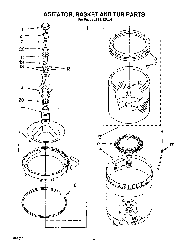AGITATOR, BASKET AND TUB Diagram and Parts List for LBT6133AN0  Whirlpool Washer