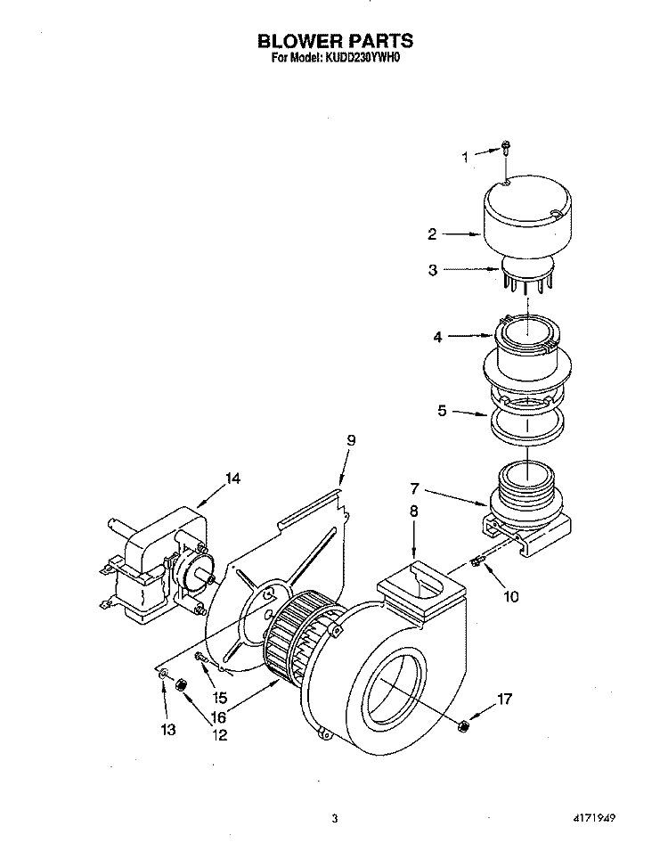BLOWER Diagram and Parts List for KUDD230YWH0  KitchenAid Dishwasher