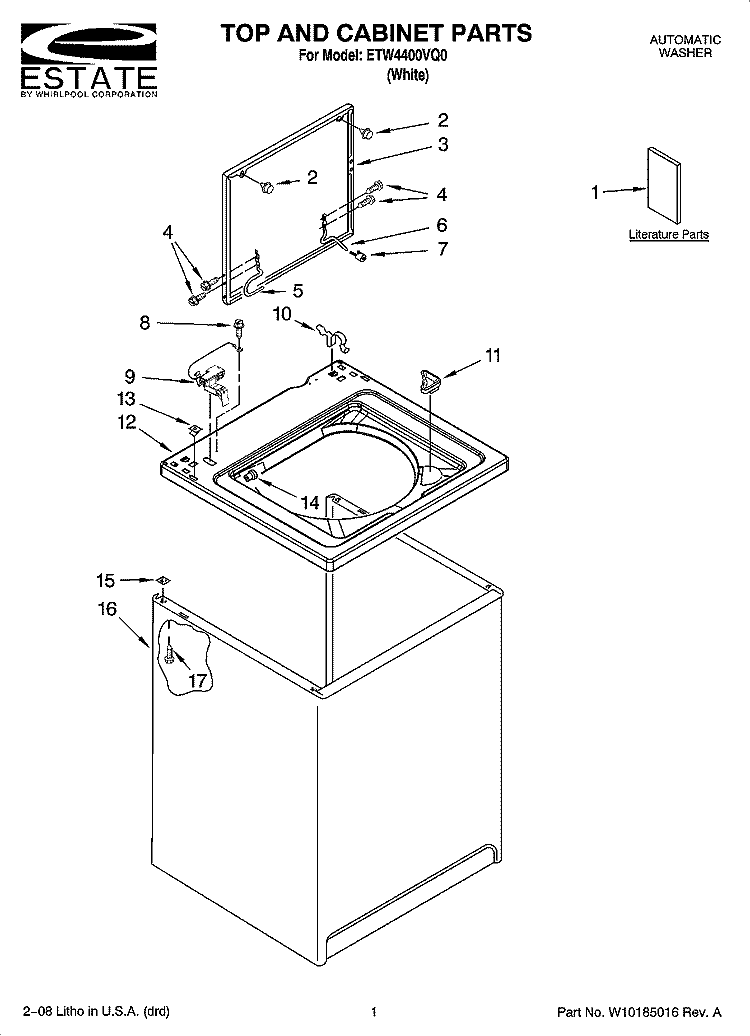 TOP AND CABINET PARTS Diagram and Parts List for ETW4400VQ0  Estate Washer