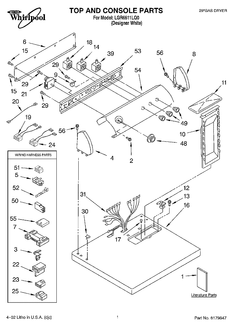 TOP AND CONSOLE, LITERATURE Diagram and Parts List for LGR6611LQ0  Whirlpool Dryer