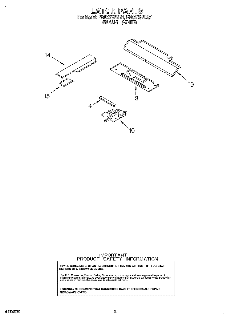 LATCH Diagram and Parts List for RMC275PDB1  Whirlpool Microwave Oven Combo