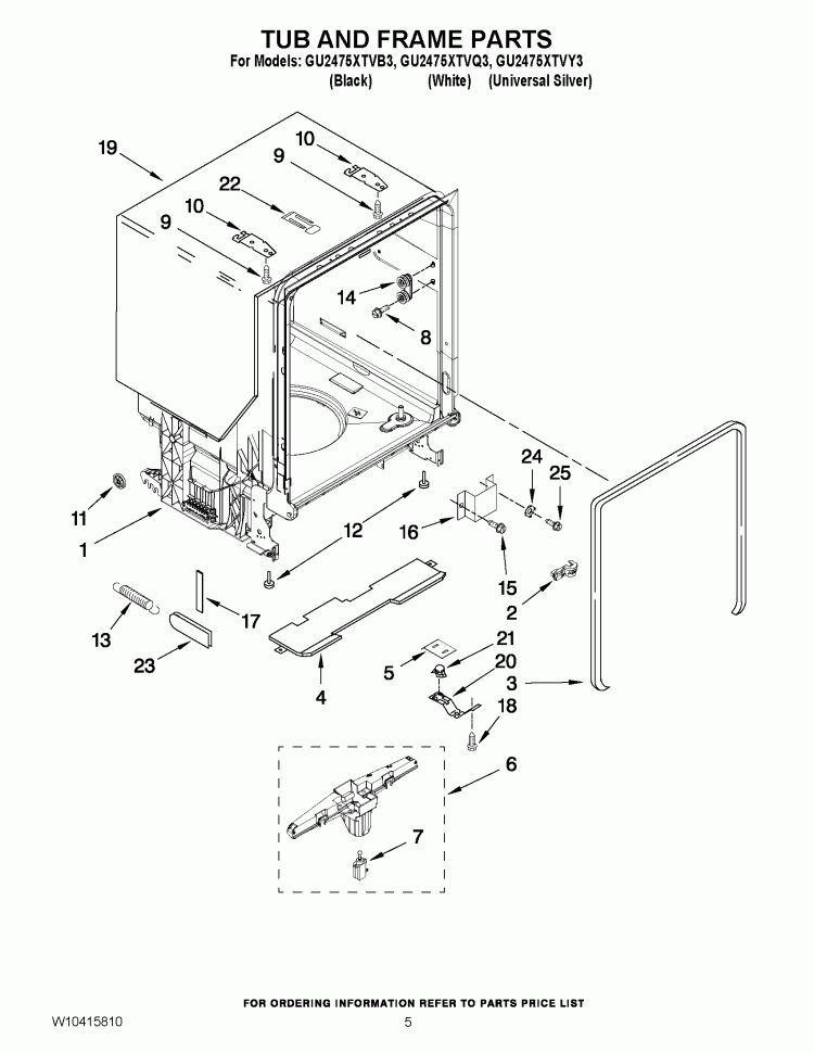 TUB AND FRAME PARTS Diagram and Parts List for GU2475XTVB2  Whirlpool Dishwasher