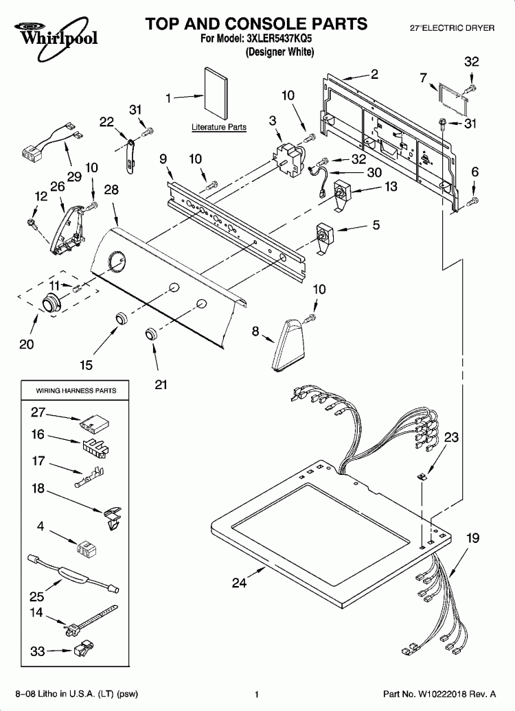 TOP AND CONSOLE PARTS Diagram and Parts List for 3XLER5437KQ5  Whirlpool Dryer