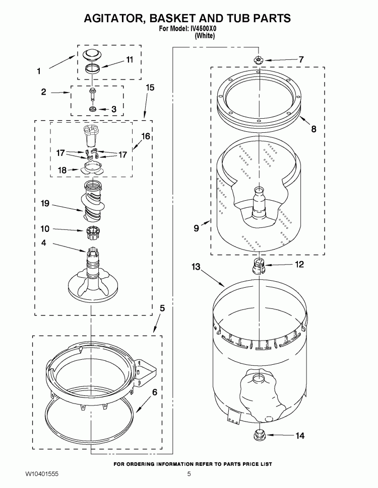 AGITATOR, BASKET AND TUB PARTS Diagram and Parts List for IV4500X0  Inglis Washer