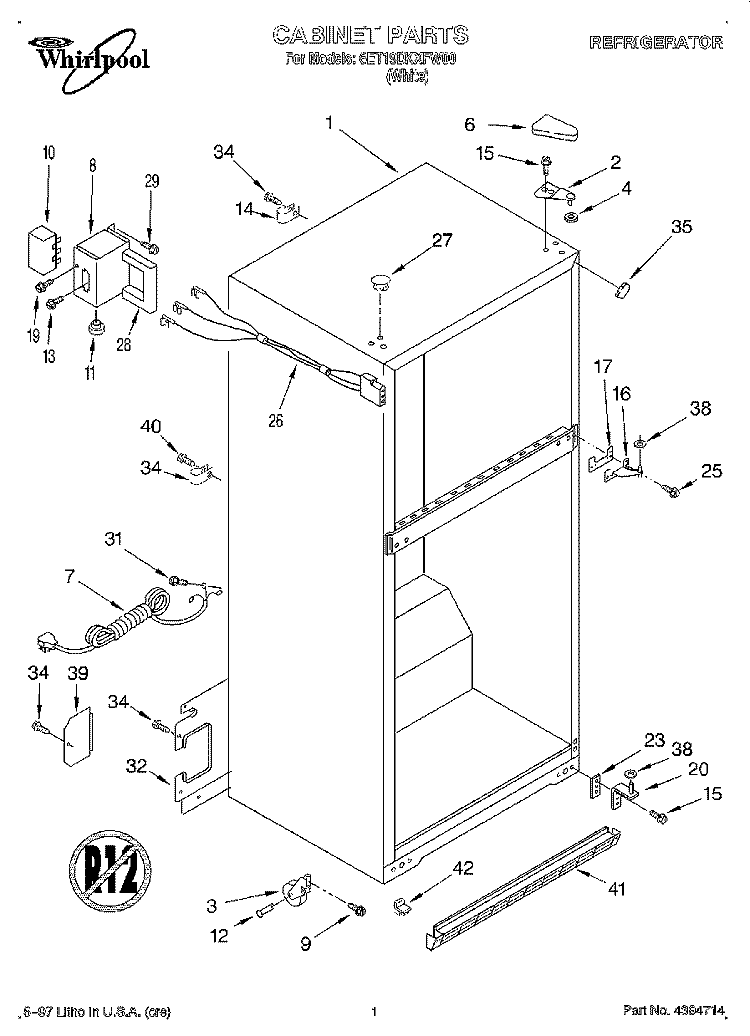 CABINET Diagram and Parts List for 6ET19DKXFW00  Whirlpool Refrigerator