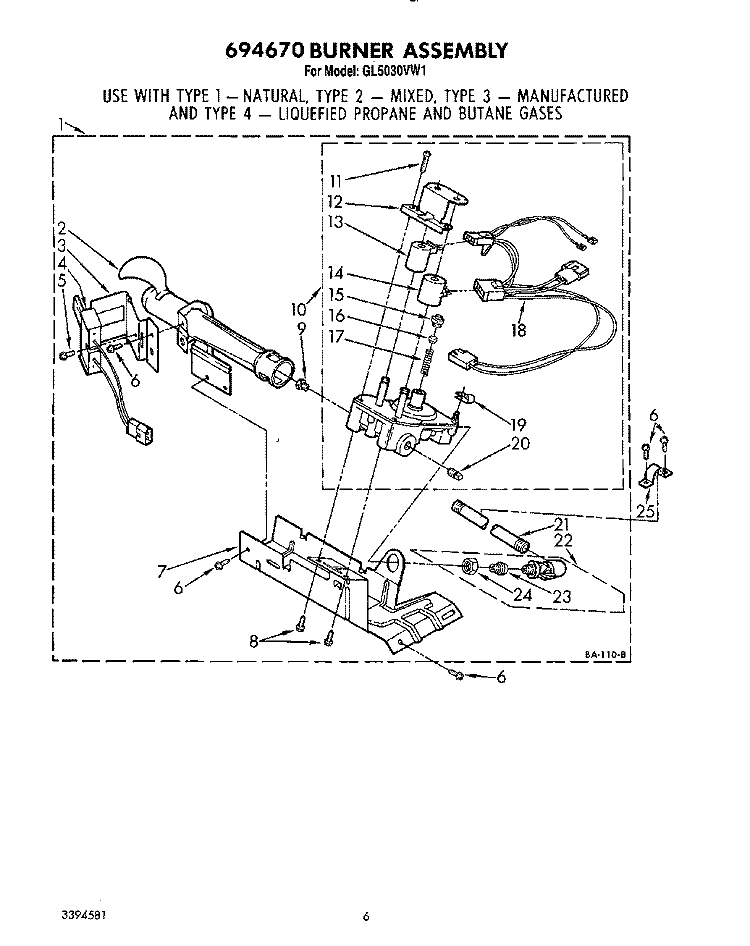 694670 BURNER ASSEMBLY Diagram and Parts List for GL5030VL1  Roper Dryer