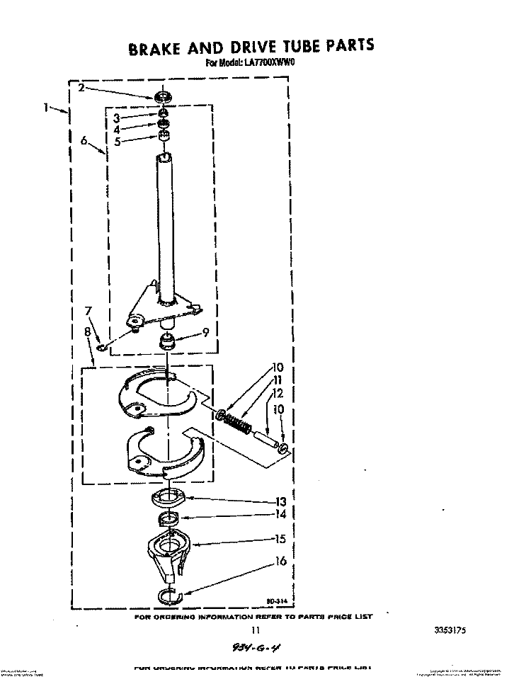BRAKE AND DRIVE TUBE Diagram and Parts List for LA7700XWN0  Whirlpool Washer