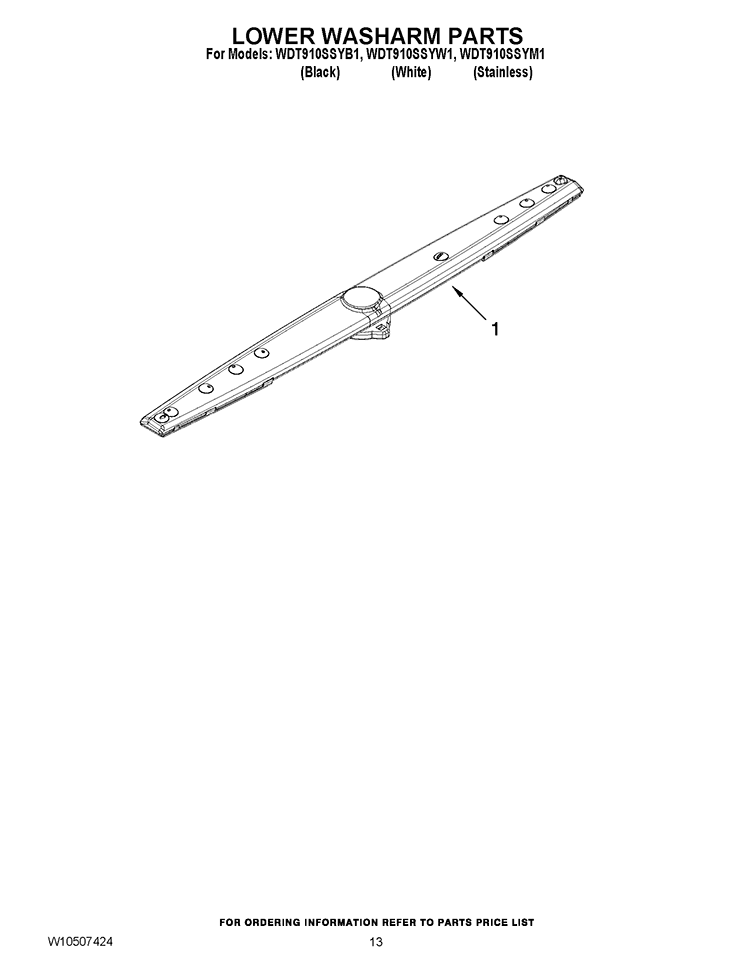 LOWER WASHARM PARTS Diagram and Parts List for WDT910SSYW1  Whirlpool Dishwasher