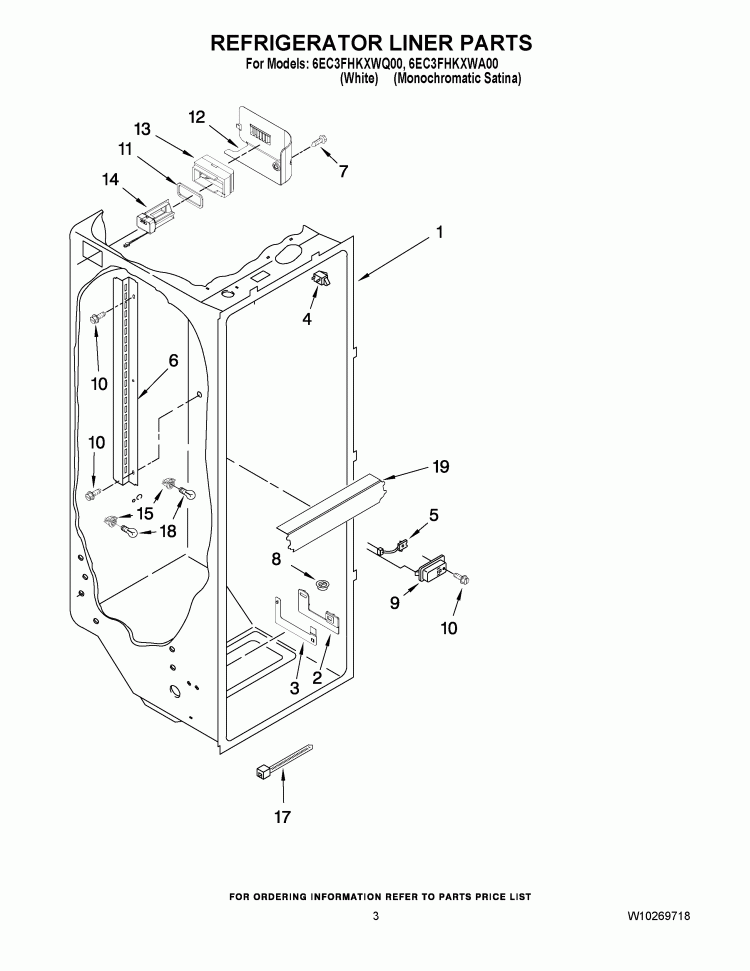 REFRIGERATOR LINER PARTS Diagram and Parts List for 6EC3FHKXWA00  Whirlpool Refrigerator