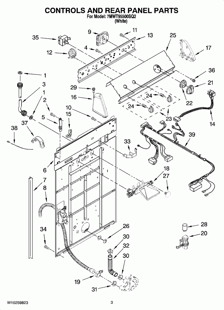 CONTROLS AND REAR PANEL PARTS Diagram and Parts List for 7MWT95500SQ2  Whirlpool Washer