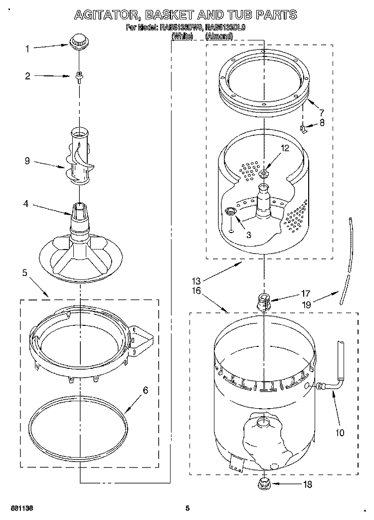 AGITATOR, BASKET AND TUB Diagram and Parts List for RAB5133DL0  Roper Washer
