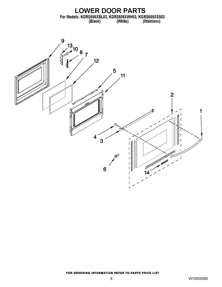 LOWER DOOR PARTS Diagram and Parts List for KGRS505XBL03  KitchenAid Range
