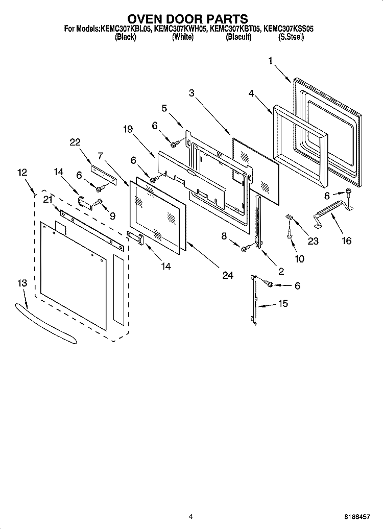 OVEN DOOR PARTS Diagram and Parts List for KEMC307KSS05  KitchenAid Microwave Oven Combo