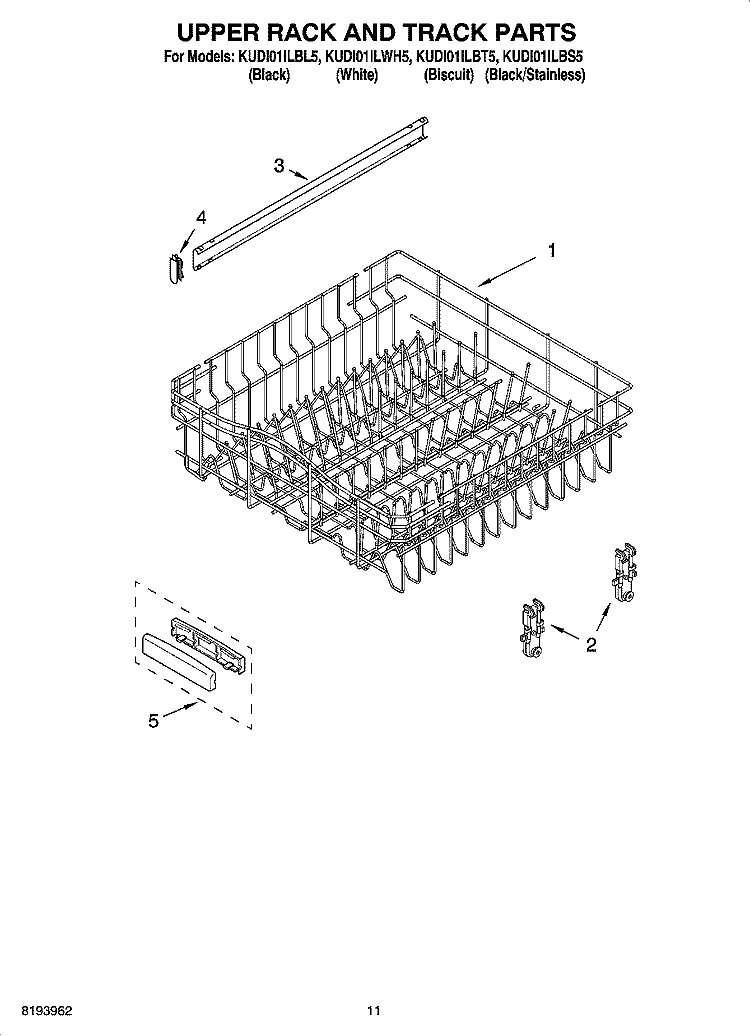 UPPER RACK AND TRACK PARTS Diagram and Parts List for KUDI01ILBT5  KitchenAid Dishwasher