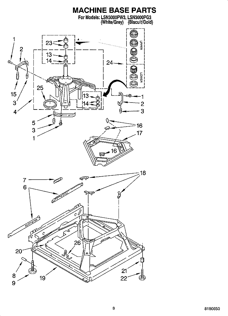 MACHINE BASE PARTS Diagram and Parts List for LSN3000PG3  Whirlpool Washer
