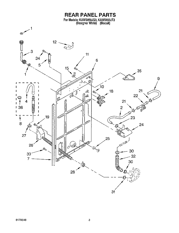 REAR PANEL Diagram and Parts List for KAWS850JT3  KitchenAid Washer