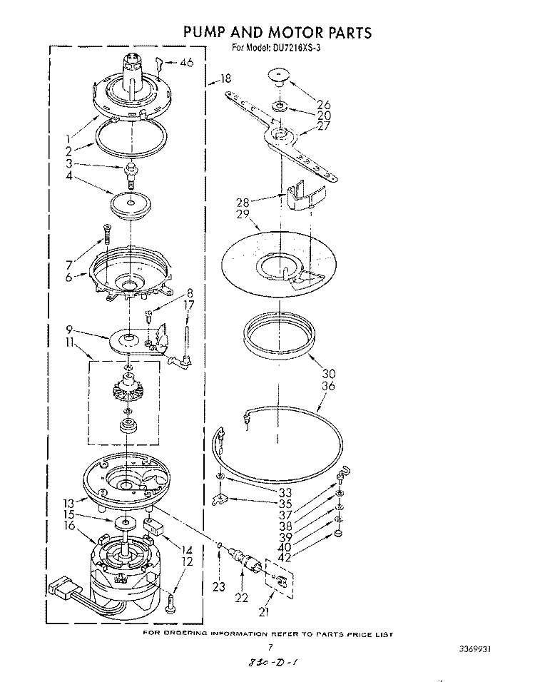 PUMP AND MOTOR Diagram and Parts List for DU7216XS3  Whirlpool Dishwasher