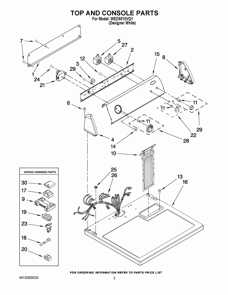 TOP AND CONSOLE PARTS Diagram and Parts List for WED5510VQ1  Whirlpool Dryer
