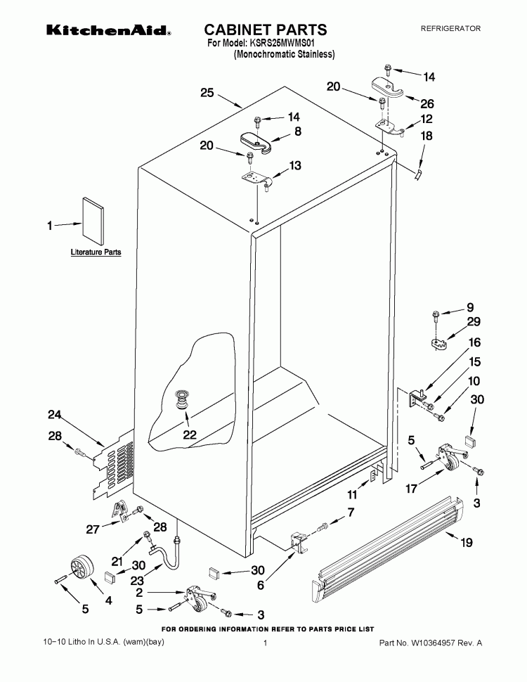 CABINET PARTS Diagram and Parts List for KSRS25MWMS01  KitchenAid Refrigerator