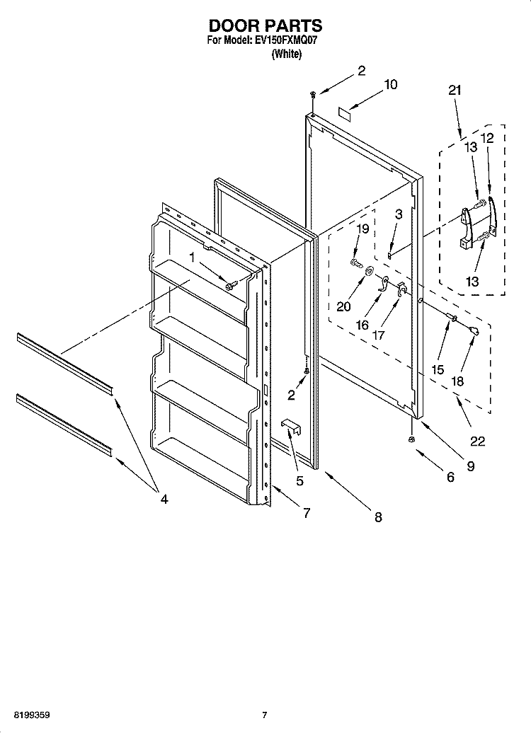 DOOR PARTS, OPTIONAL PARTS (NOT INCLUDED) Diagram and Parts List for EV150FXMQ07  Whirlpool Freezer