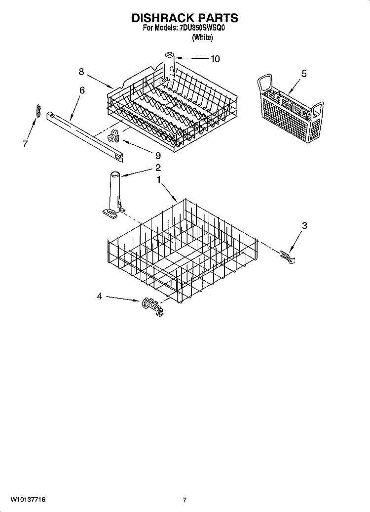 DISHRACK PARTS, OPTIONAL PARTS (NOT INCLUDED) Diagram and Parts List for 7DU850SWSQ0  Whirlpool Dishwasher