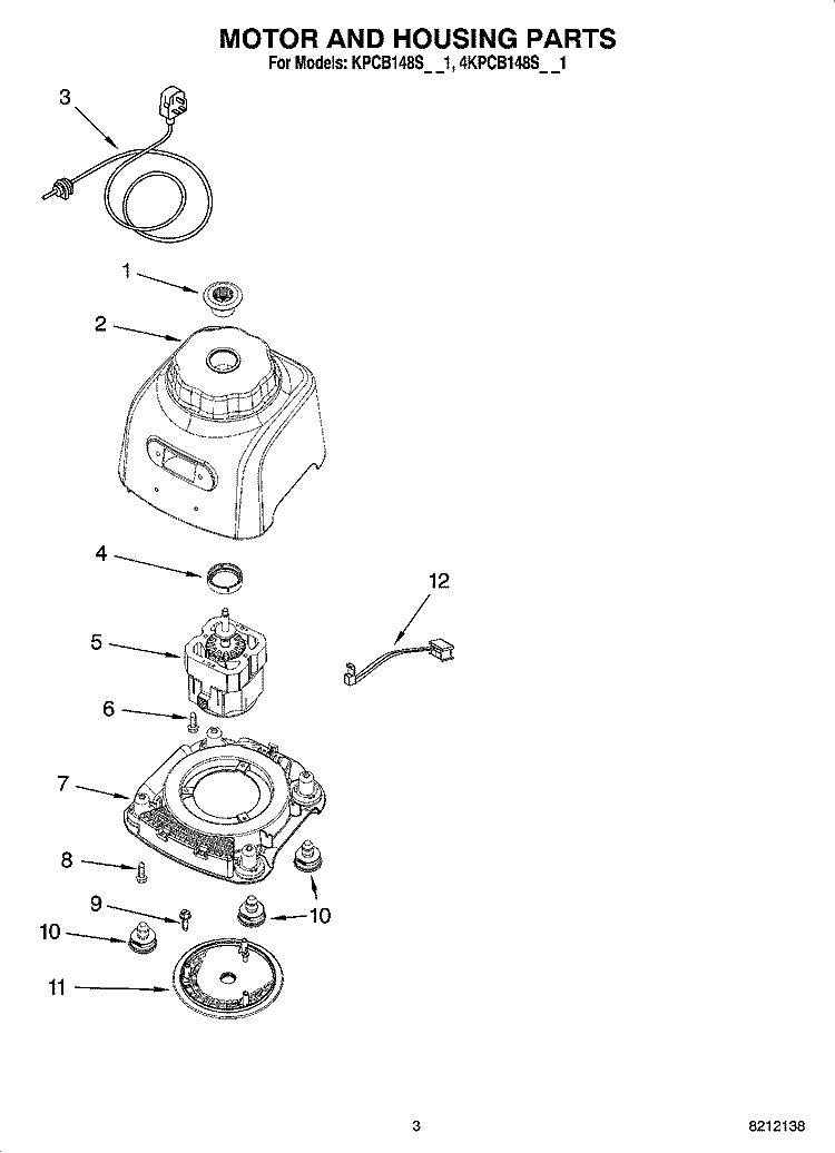 MOTOR AND HOUSING PARTS Diagram and Parts List for 4KPCB148SPM1  KitchenAid Blender
