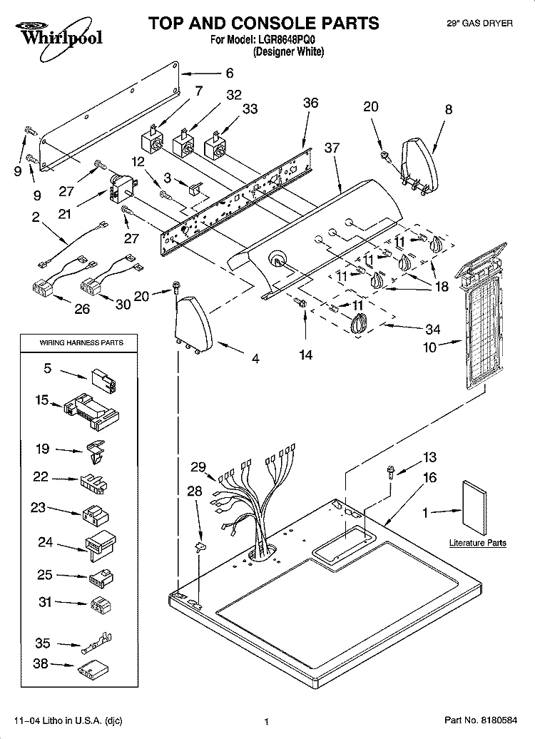TOP AND CONSOLE PARTS Diagram and Parts List for LGR8648PQ0  Whirlpool Dryer