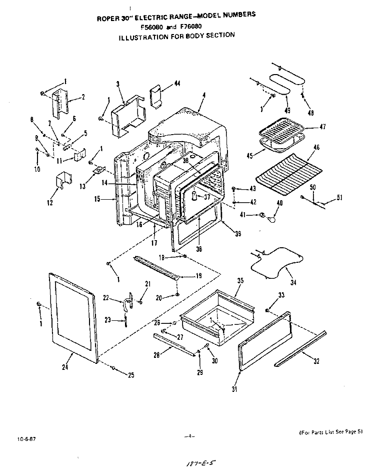 BODY Diagram and Parts List for F5608W0  Roper Range