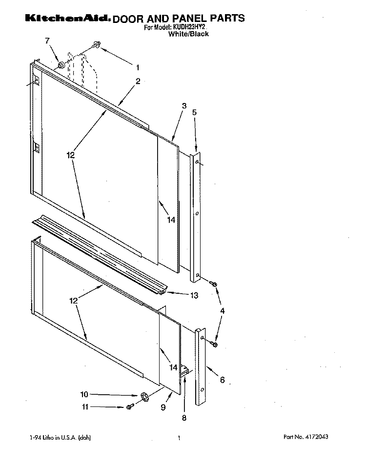 DOOR AND PANEL Diagram and Parts List for KUDH23HY2  KitchenAid Dishwasher