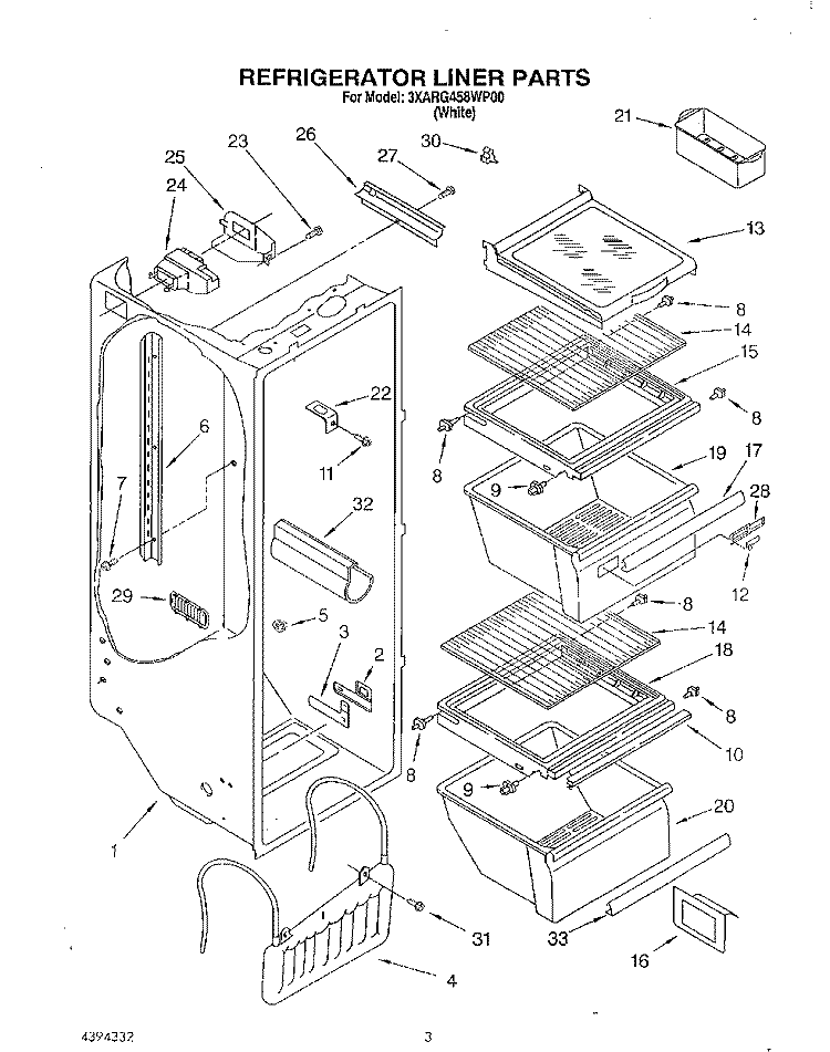 REFRIGERATOR LINER Diagram and Parts List for 3XARG458WP00  Whirlpool Refrigerator
