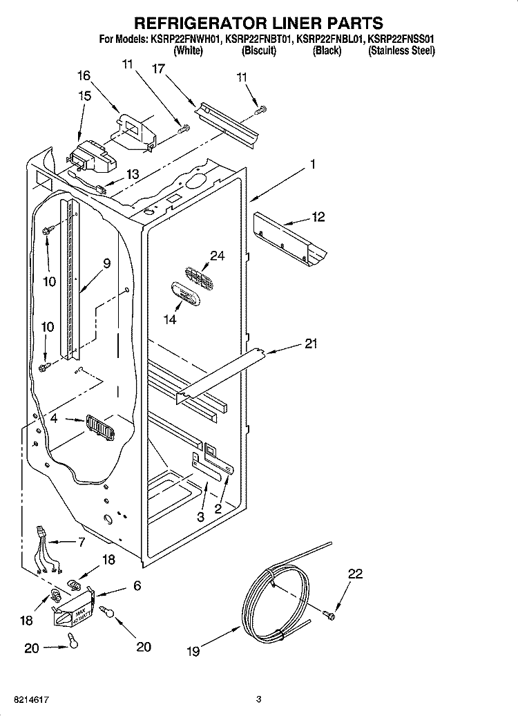 REFRIGERATOR LINER PARTS Diagram and Parts List for KSRP22FNBL01  KitchenAid Refrigerator